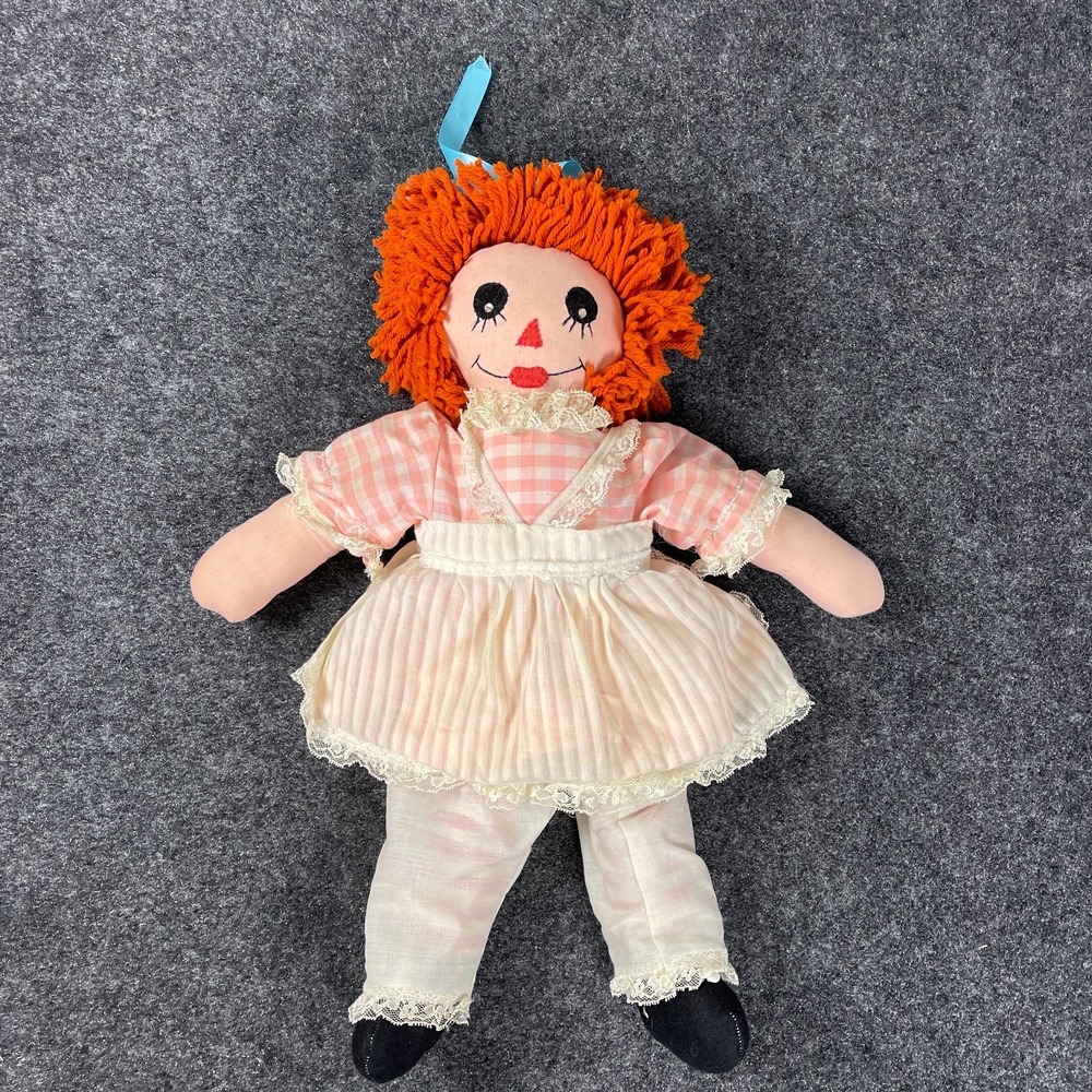 Vintage Raggedy Ann Style Cloth Doll Handmade Yarn Hair Pink Gingham Dress 16"